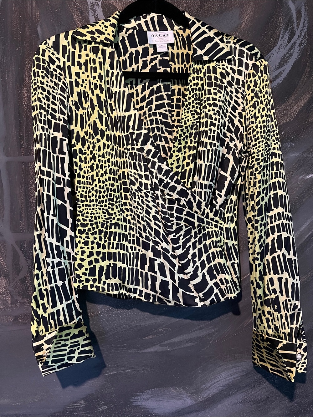 Oscar de la Renta Black and Yellow Graphic Print Button-Down Blouse